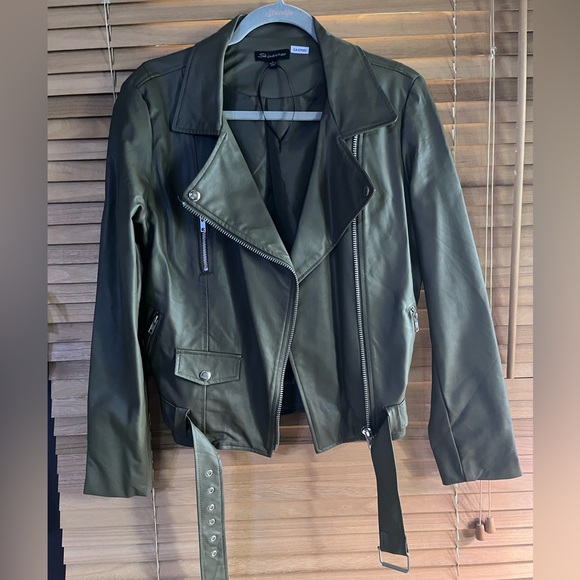 ShineStar - Faux Leather Moto Jacket (Army Green, L) - Picture 6 of 10